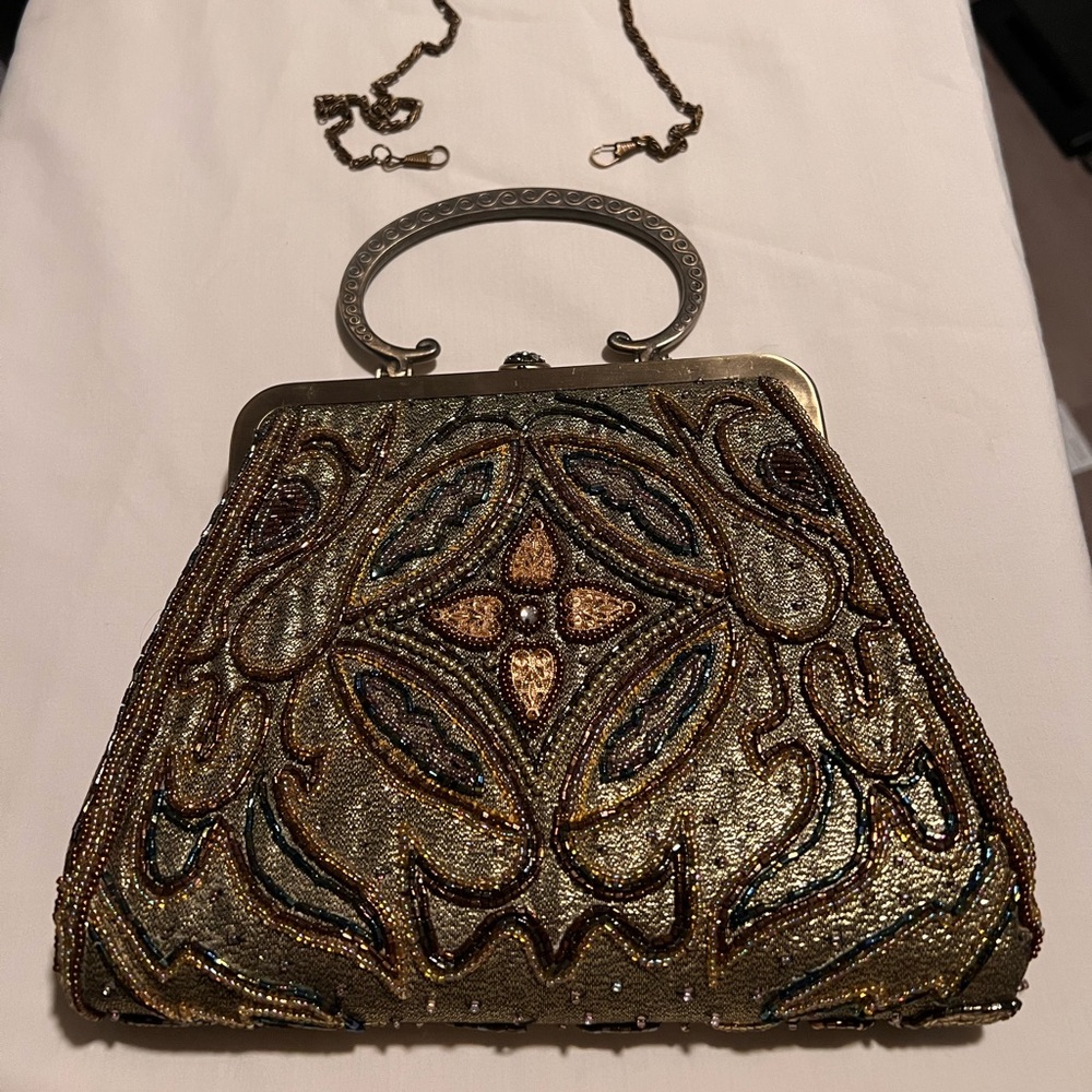 VINTAGE FULLY BEADED METALLIC HANDBAG WITH DETACHABLE SHOULDER/CROSSBODY CHAIN